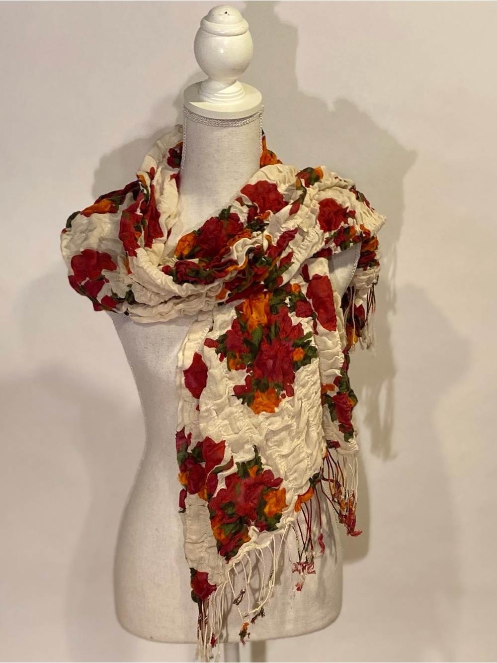 mark. Cream Crinkle Scarf with Red & Orange Floral Print